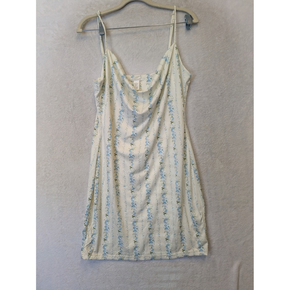 Full Tilt Womens XL Cream Blue Floral Stripe Cowl Neck Slip Dress Mini Lined